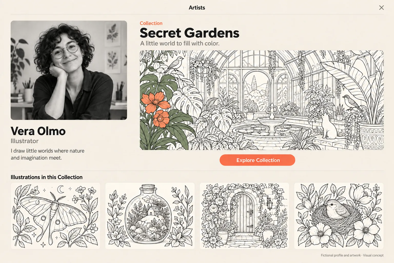 Concept of an artist profile in PINTA: illustrator Vera Olmo and her collection “Secret Gardens”, with a greenhouse scene and four sample illustrations.