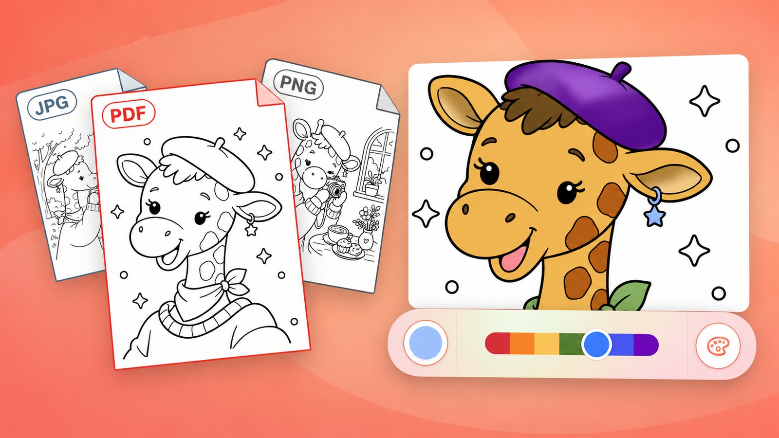 A PDF and PNG coloring page next to a colored illustration of Hazel and Pinta's color palette
