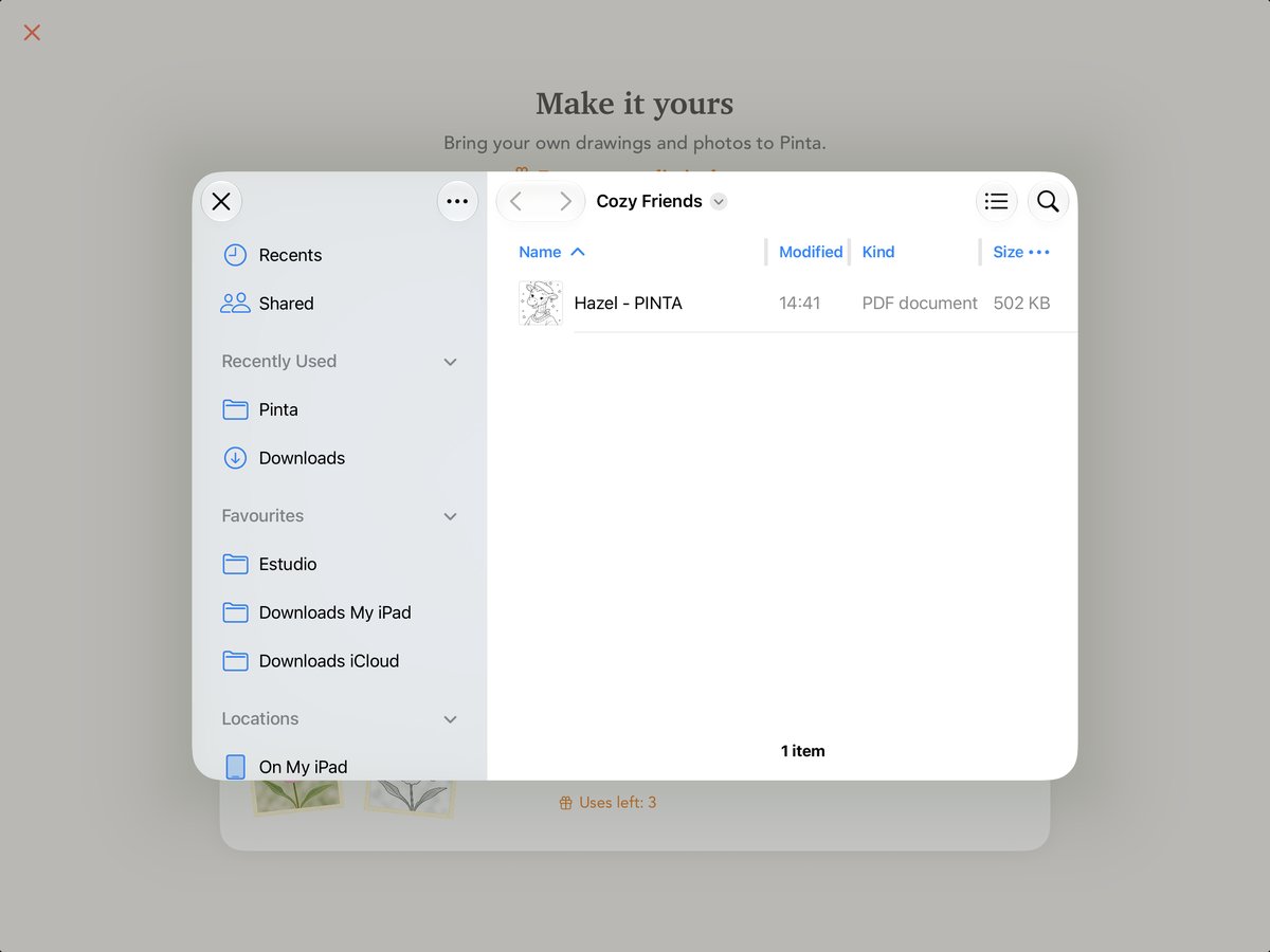 The Files picker showing the Hazel - PINTA PDF