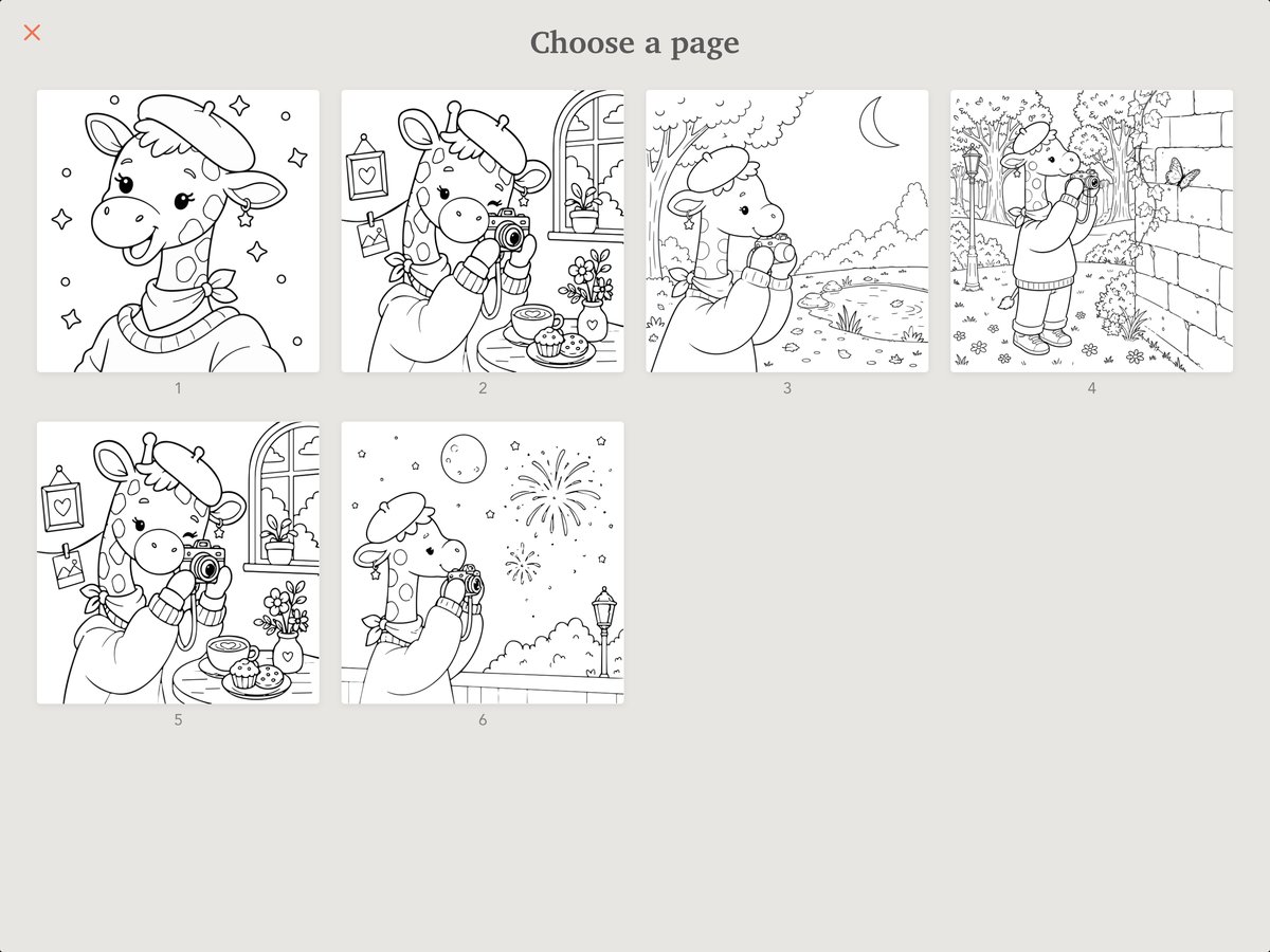 Six pages from Hazel's Cozy Friends PDF in Pinta's Choose a page screen