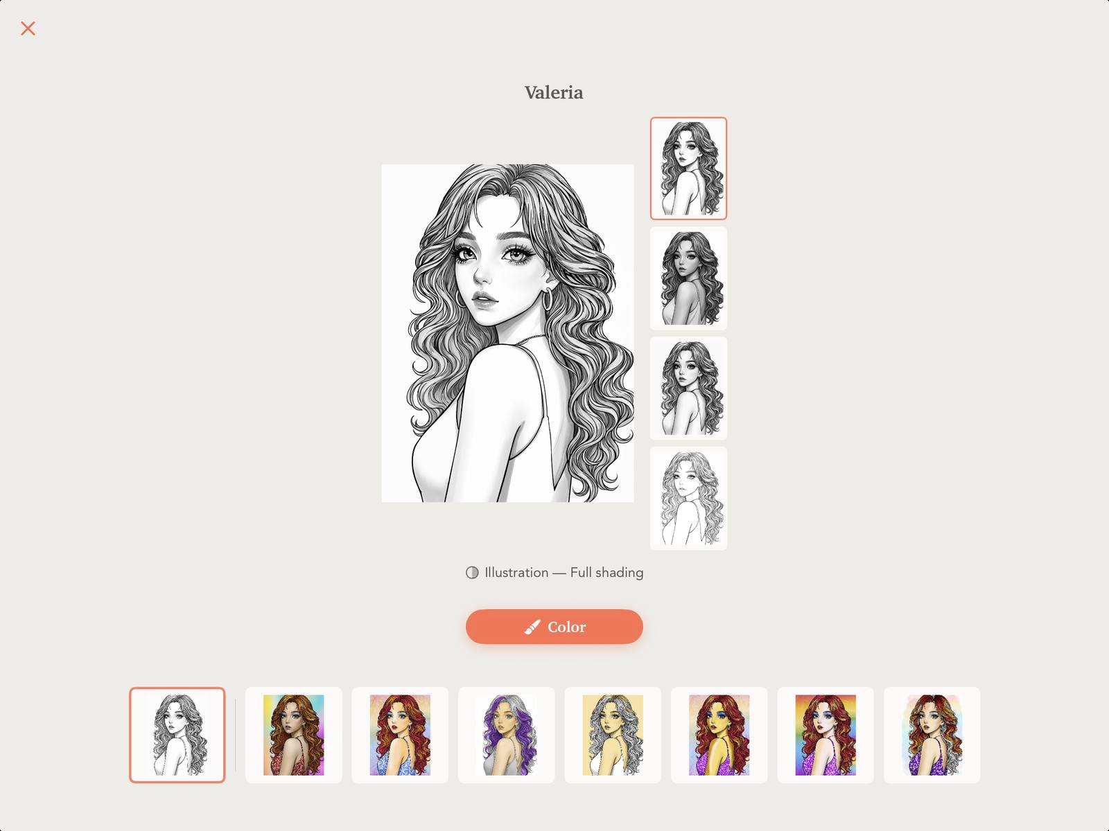 The preview screen with the shading options