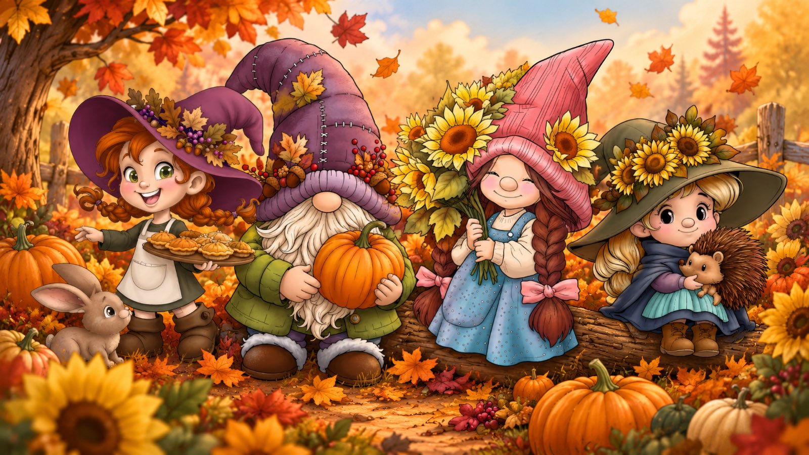 Four gnomes among sunflowers, pumpkins and autumn leaves