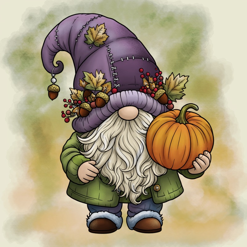 A gnome in a patched hat holding a pumpkin