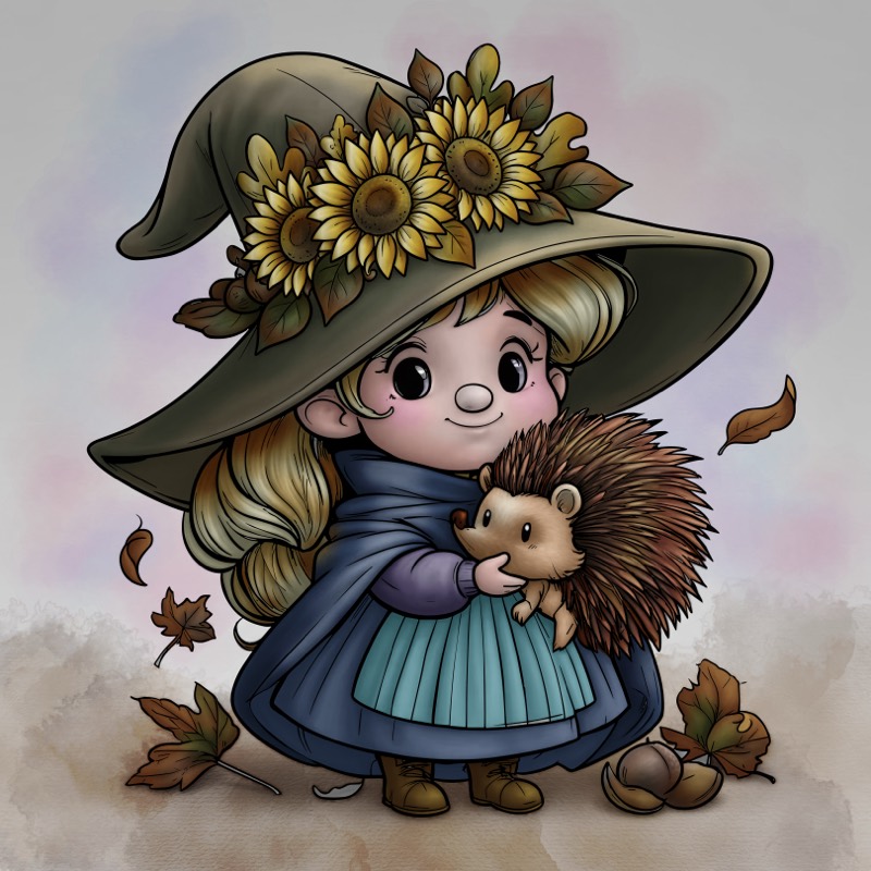 A girl in a sunflower hat holding a hedgehog
