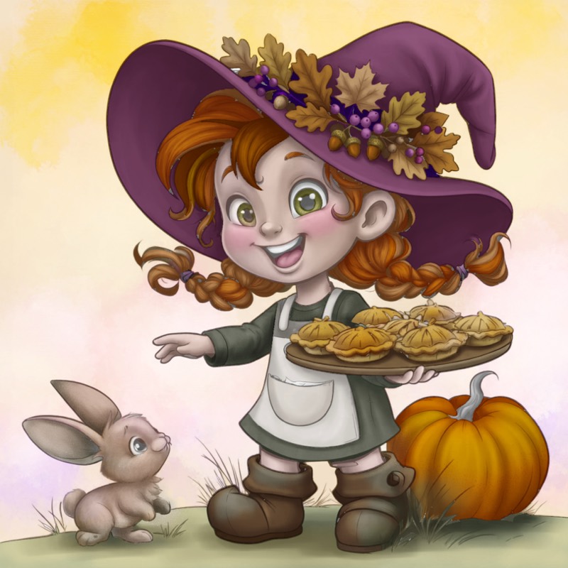 A girl in a purple hat carrying a tray of pumpkin pies