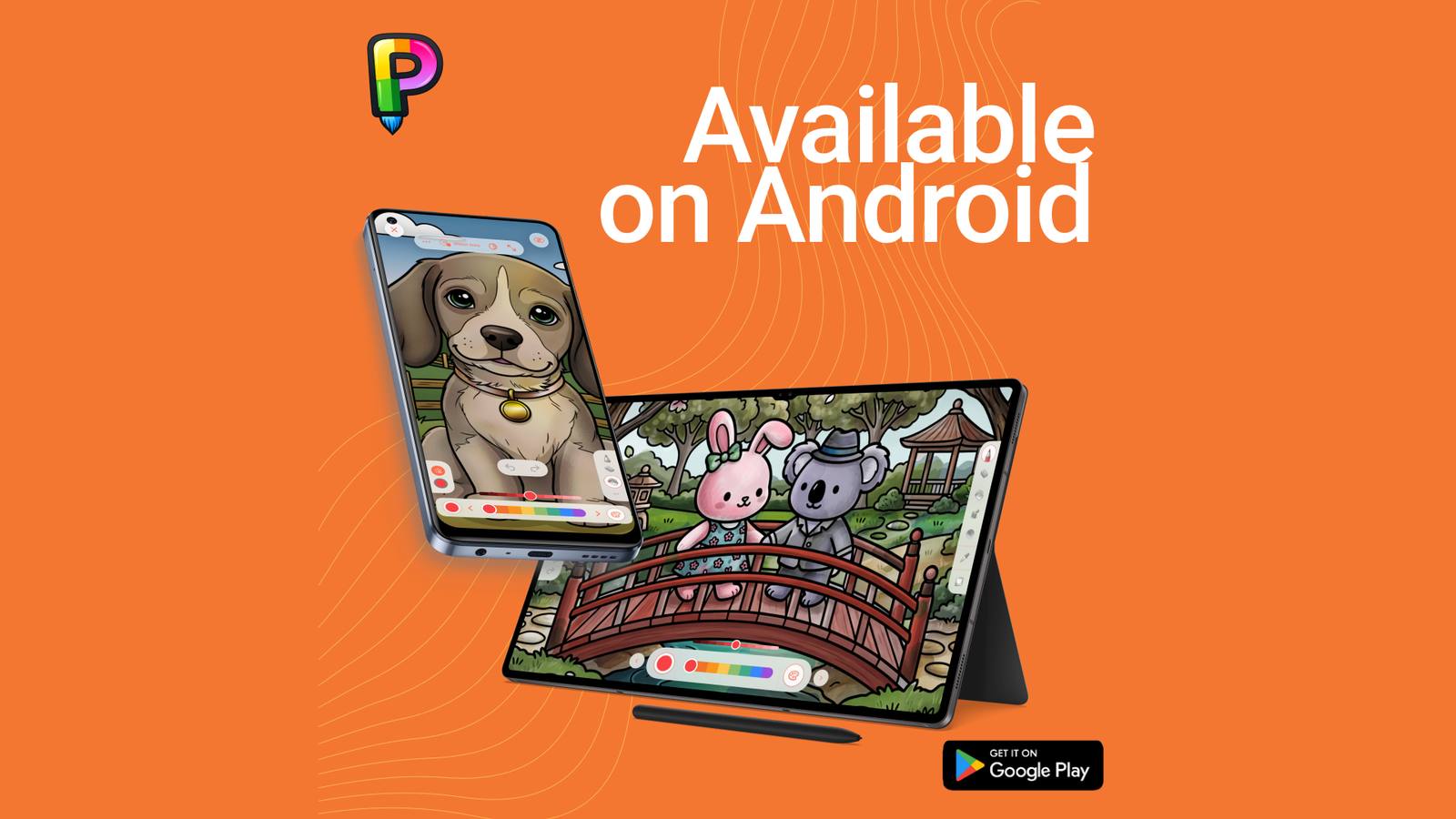 Illustrazione di lancio di PINTA con un cucciolo colorato su uno smartphone Android e personaggi del bosco su un tablet su sfondo arancione.