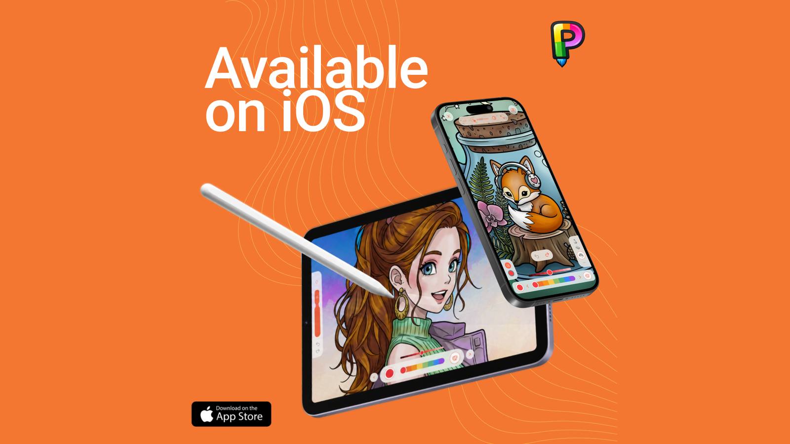 Illustrazione di lancio di PINTA con disegni colorati su iPhone e iPad su sfondo arancione.